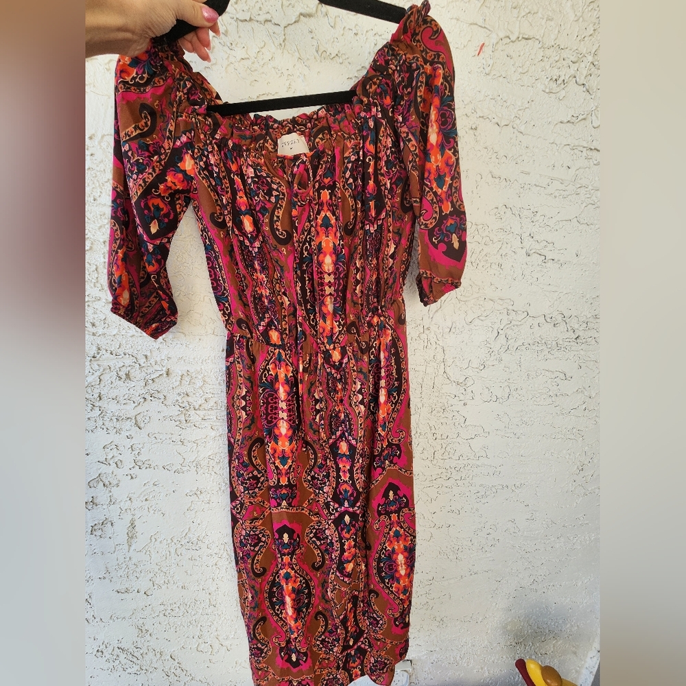 Everly Gorgeous Paisley Like Graphic Red Pink Orange Midi Dress